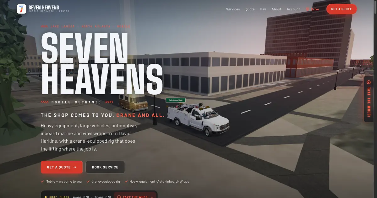 The Seven Heavens website with the game running behind it: the rig idling on a downtown Atlanta street